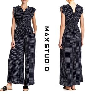 ✨NEW!✨ MAX STUDIO Women's Blue V-neck Polka Dot Shirred Waist Jumpsuit - XS